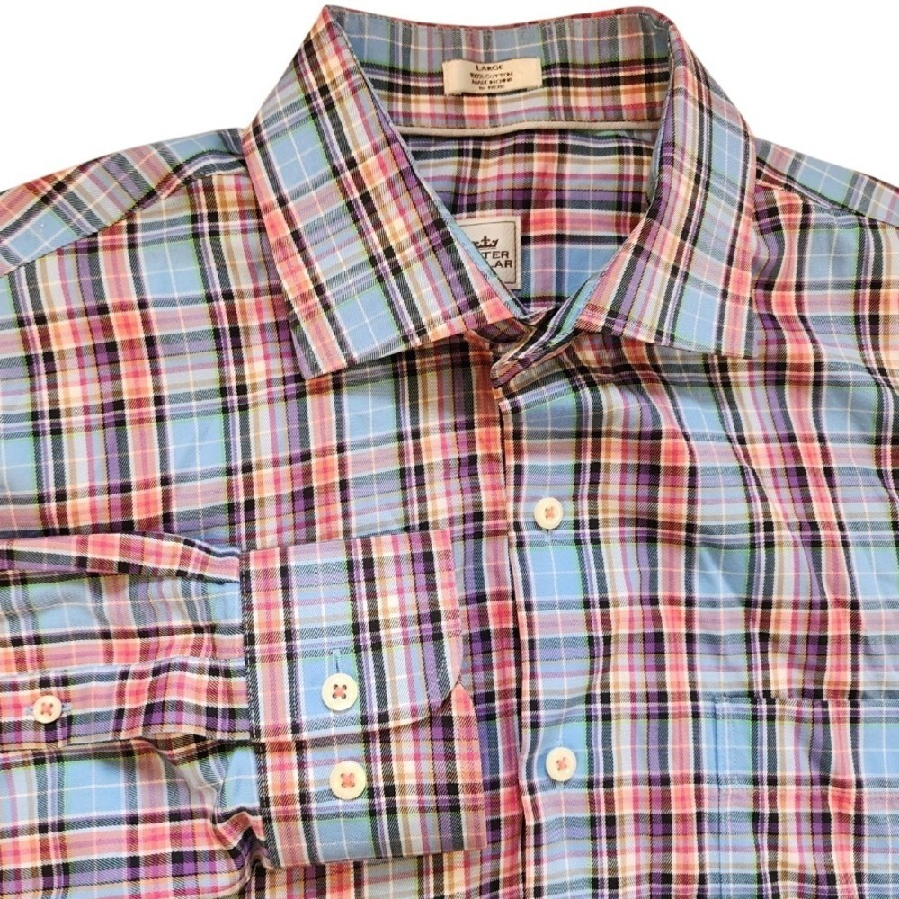 Peter Millar Mens Large Plaid Button Up Shirt Cotton‎ Long Sleeve Colorful